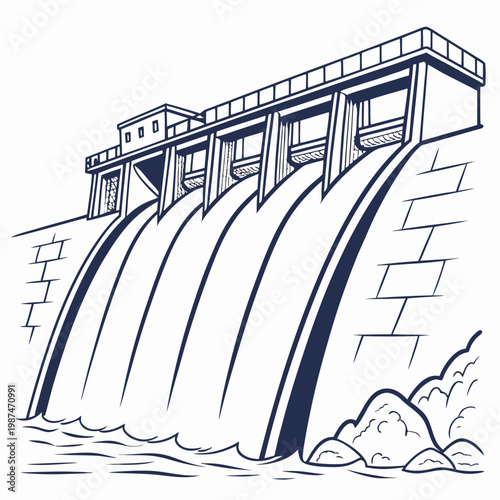 Illustration of a hydroelectric dam with water flowing over it