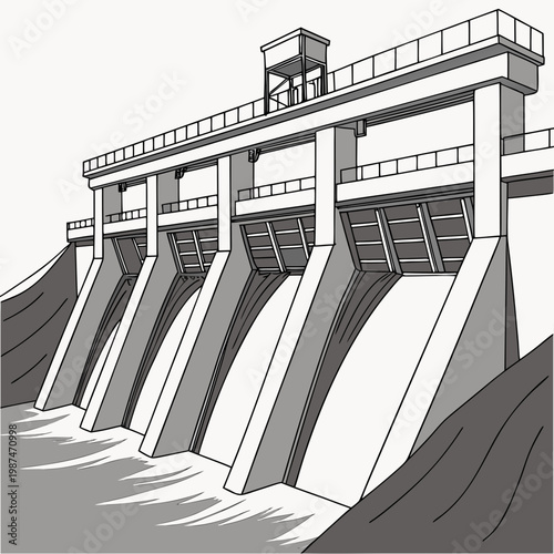 Illustration of a hydroelectric dam with water flowing through its gates