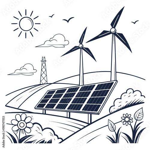 Renewable energy sources with solar panel and wind turbines on a sunny day with flowers and clouds