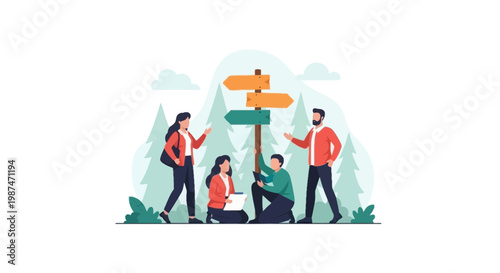 Group of Hikers Navigating Mountain Trail with Signposts