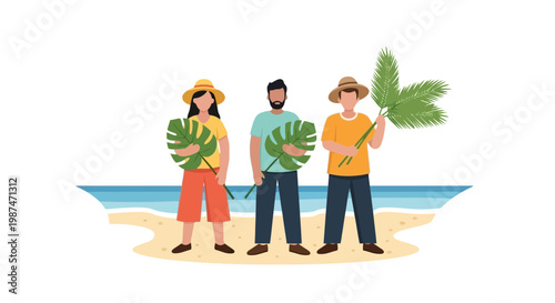 Friends Enjoying Beach Vacation with Tropical Plants and Ocean View
