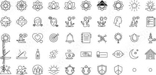 Spiritual wellness mindfulness outline icon set including chakra meditation therapy healing balance nature awareness lifestyle symbols vector collection