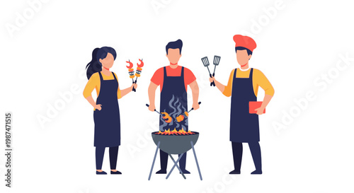 People Cooking and Grilling Outdoors with Friends