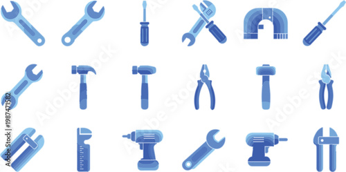 Blue construction and repair tools icons set vector illustration wrench hammer drill pliers screwdriver equipment maintenance collection isolated background