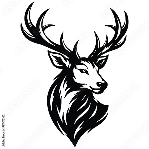 Majestic Deer Head with Large Antlers Vector Illustration Bold Black and White Buck Mascot