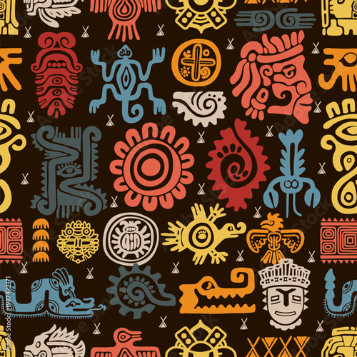 Seamless pattern mexican gods symbols. Aztec animal bird totem idols, ancient inca Maya civilization primitive traditional signs. Mexican colors. Indigenous vector culture symbols and mythic rituals.
