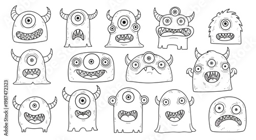 A collection of various monster faces with different expressions and features.