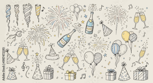 Party celebration with fireworks, champagne, gifts, and music notes at a festive event