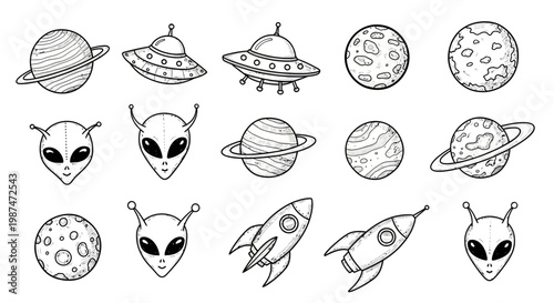 Alien spacecraft and planets illustrations in a cosmic setting with various celestial bodies and UFOs