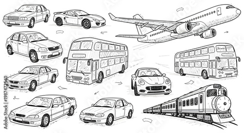 Transportation modes including cars, buses, train, and airplane in a scenic landscape view