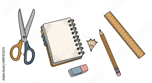 Stationery items arranged on a white surface including scissors notebook ruler pencil and eraser