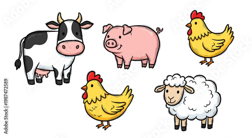 Farm animals gathered together outdoors in a field scene