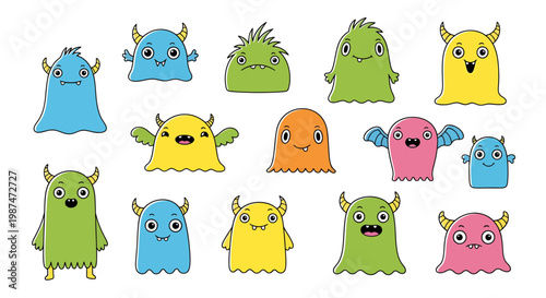 A group of colorful monsters with horns and big eyes are standing together