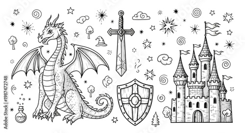 A dragon stands guard near a castle with a sword and shield amidst magical elements.