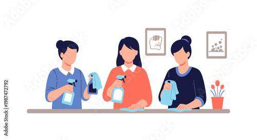 Group of Young Women Cleaning Windows with Spray Bottles