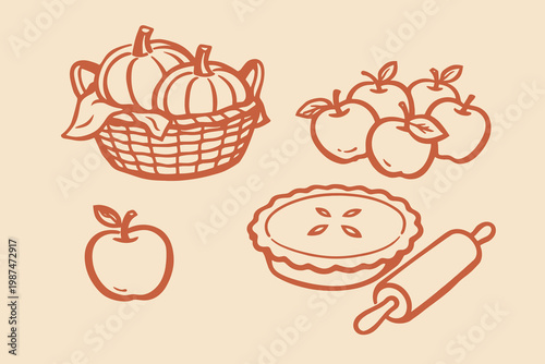 Hand drawn autumn harvest baking vector illustration with apples, pumpkins, pie and rolling pin icons