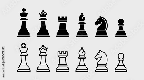 A set of chess piece vector icons, including pawn, knight, rook, bishop, queen, and king.