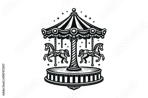 Hand drawn carousel vector illustration with merry go round horses in vintage black engraving style