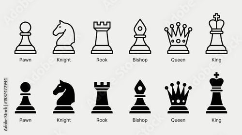 A set of chess piece vector icons, including pawn, knight, rook, bishop, queen, and king.