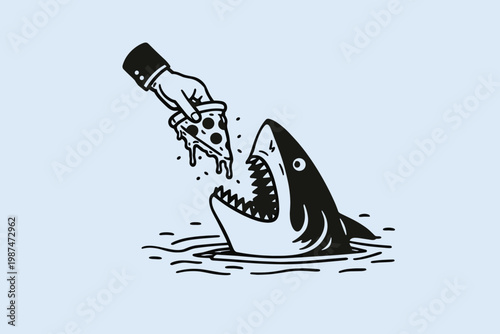 Hand drawn shark pizza vector illustration with funny ocean predator eating slice in bold black doodle style