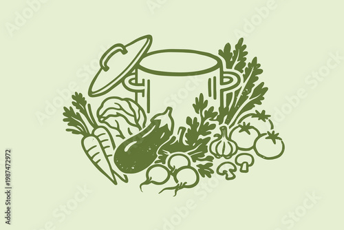 Hand drawn vegetable soup pot vector illustration with fresh garden produce and green kitchen outline style