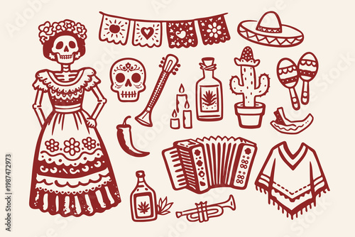 Hand drawn Mexican fiesta icon set vector illustration with Catrina, accordion, tequila and maracas