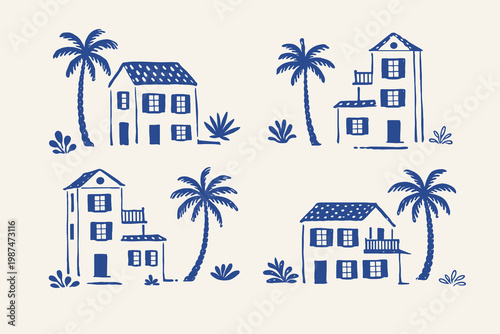 Hand drawn tropical house set vector illustration with palm trees and coastal village doodle icons