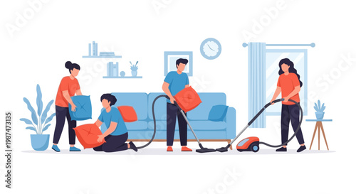 Family Cleaning Session with Vacuum and Dustpan in Living Room