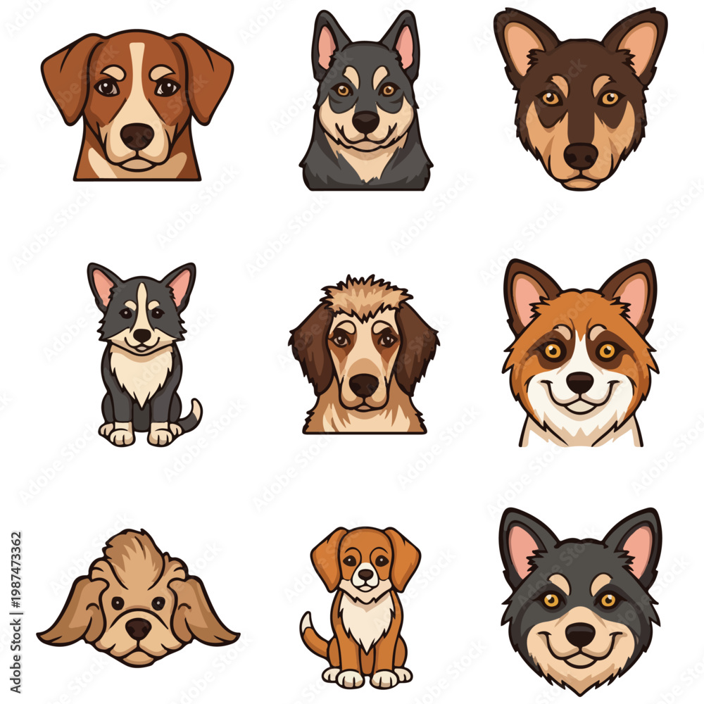 Fototapeta premium Cute Cartoon Dog Portraits and Sitting Puppies Vector Icon Set