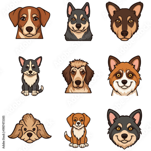 Cute Mixed Breed Dog Face Vector Icon Set