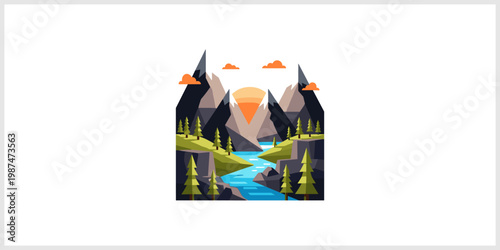 Geometric Mountain Landscape with River and Forest