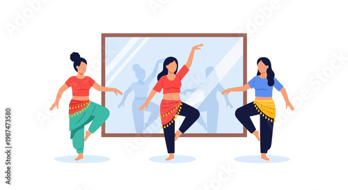 Women Practicing Yoga in Studio with Mirror