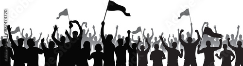 An excited crowd of sports fans cheers with flags silhouette