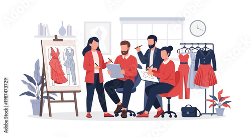 Fashion boutique team consulting with customer in stylish store