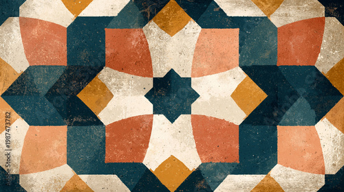 Geometric Mosaic Art: A mesmerizing geometric mosaic pattern. The vibrant combination of intricate shapes and warm hues evokes a sense of artistry, history, and cultural richness.