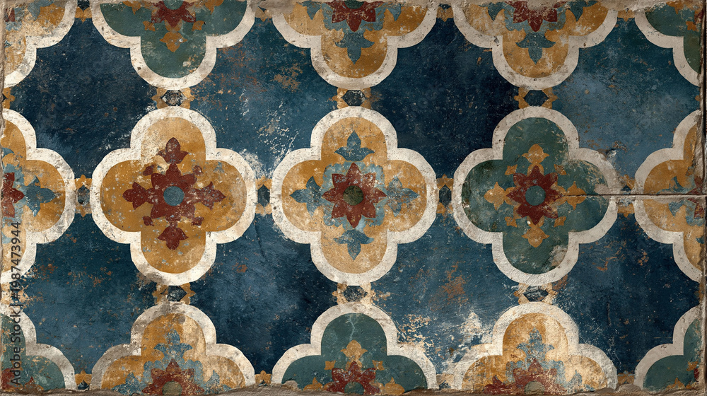 Fototapeta premium Floral Tiles with Geometric Beauty: A captivating shot showcasing intricate floral tile patterns, their geometric precision and vibrant hues creating an exquisite visual display.