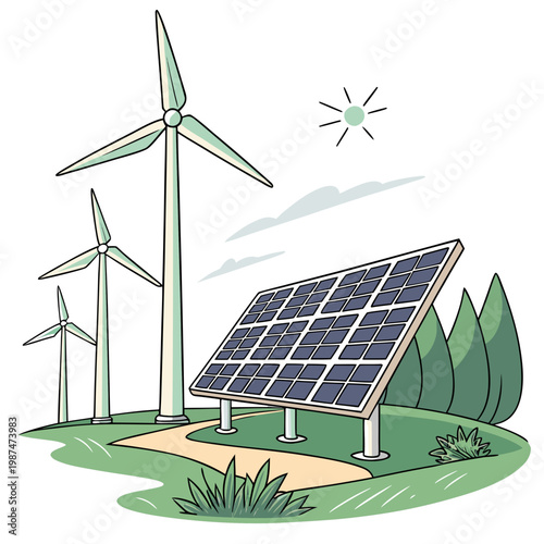 Renewable energy sources with solar panel and wind turbines in a green landscape with sun and clouds