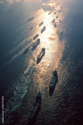 Vessels navigating through golden waters at sunset, creating shimmering patterns on the oceans surface with a breathtaking view of maritime activity