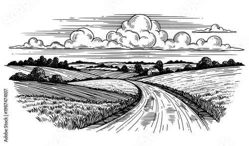Vintage-Style Farmland Landscape Vector Illustration for Editorial and Print Design