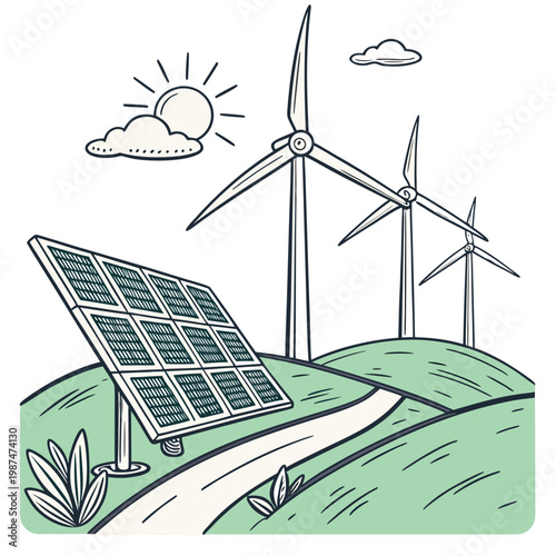 Renewable energy sources with solar panel and wind turbines on green hills with sun and clouds