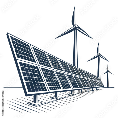 Renewable energy sources with solar panels and wind turbines on for sustainable power generation