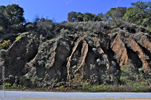 Unusual erosion pattern on roadcut made up of Quaternary age alluvium, Stevens Canyon Road, Cupertino, California