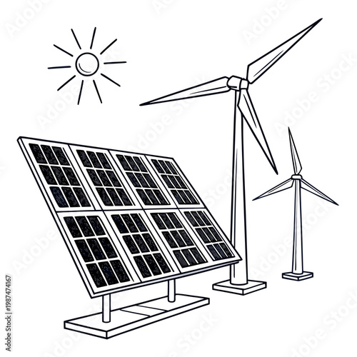 Renewable energy sources with solar panel and wind turbines under sunny sky