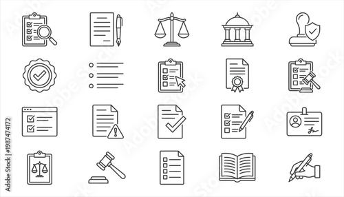 Legal Documentation and Law Line Icons Set – Contract, Justice, Agreement, Audit and Compliance Outline Icons Collection