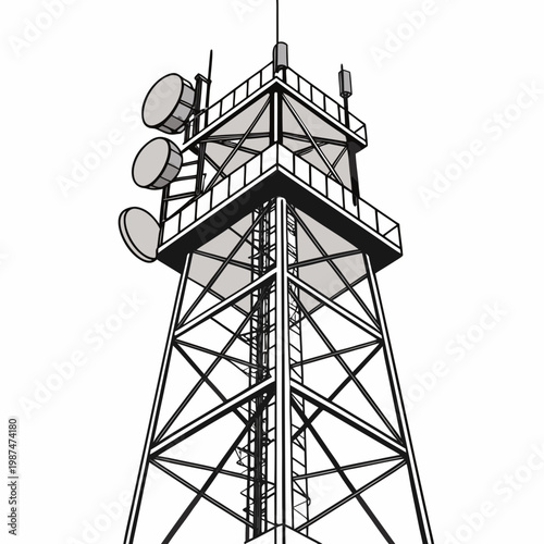 A tall metal communication tower with satellite dishes on top for network and broadcasting concepts