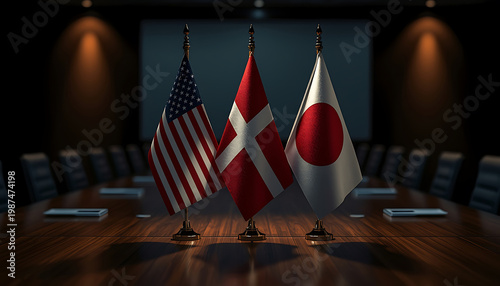 United States and Denmark table flags in conference room. 3D Render