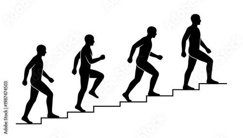 Silhouette sequence of human walking up stairs representing growth progress and achievement illustrated in modern style for motivation, success, and career development visuals