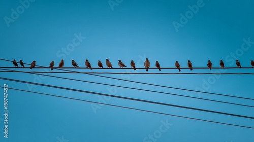 Colorful birds perched on power lines against a bright blue sky create a whimsical scene of daily life in an urban environment at sunset