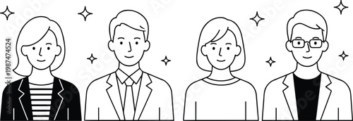 Set of four professional and friendly avatars in minimalist line art style for corporate team page and user profile vector.