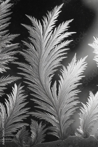 Intricate frost patterns adorn glass, creating delicate, feathery shapes reminiscent of natures artistry in a winter morning light